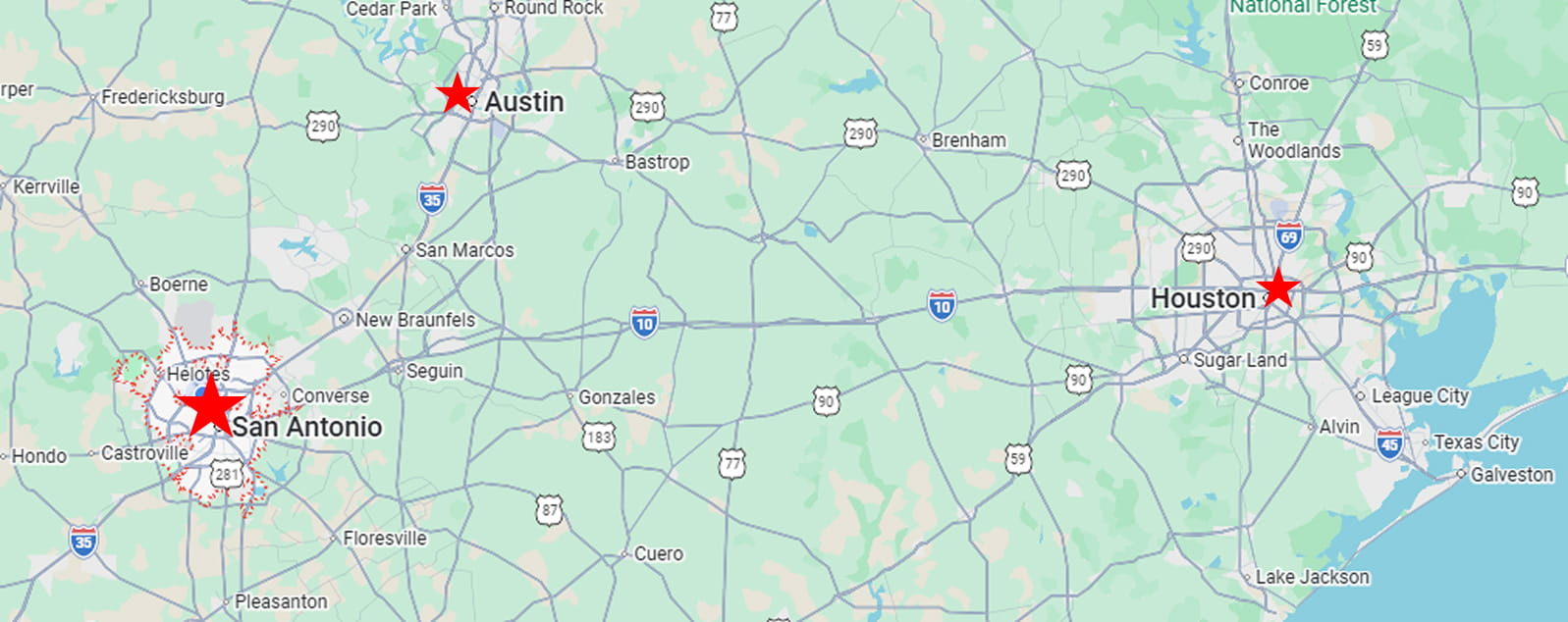 3 major texas cities in view on a map